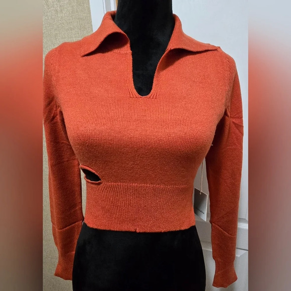 Cut Out Collared Crop Soft Long Sleeve Sweater Top #415-416 - Picture 7 of 10